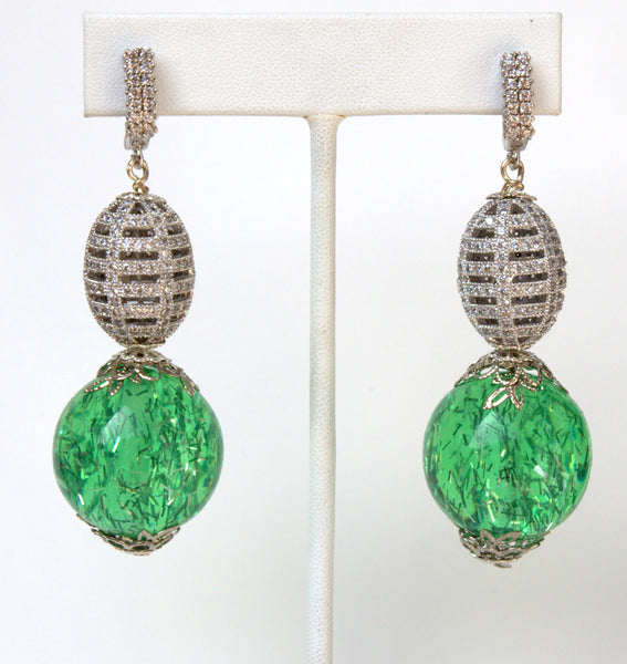 Green And Pave Silver Ball Earrings
