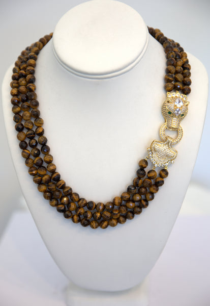 Tiger Eye 3 row necklace with gold panther clasp