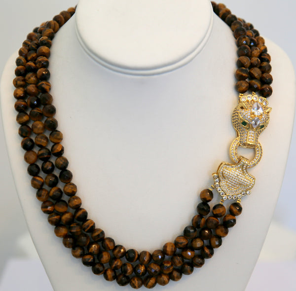 Tiger Eye 3 row necklace with gold panther clasp