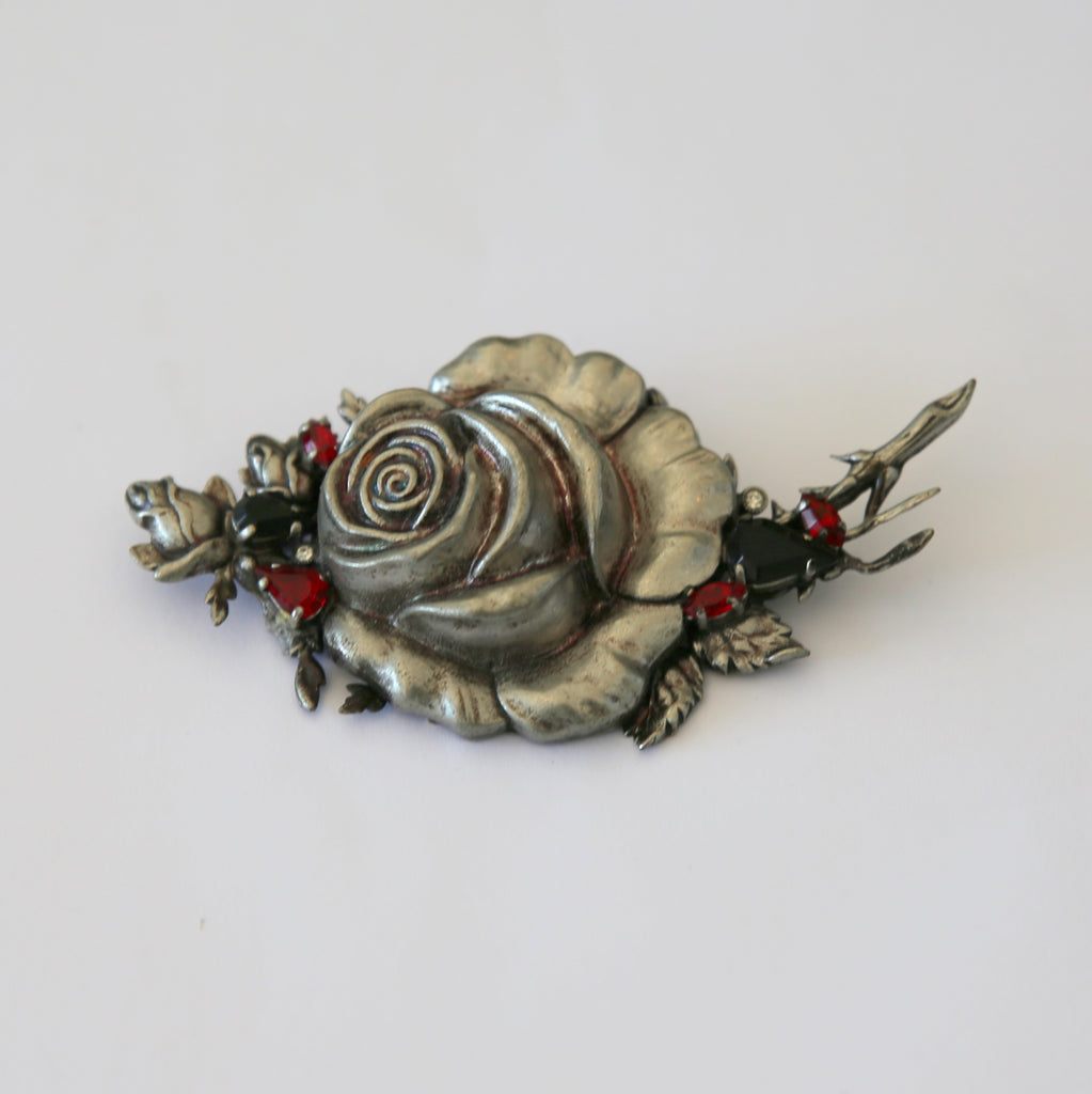 Sliver-tone Rose Pin/ Brooch with Red Rhinestones